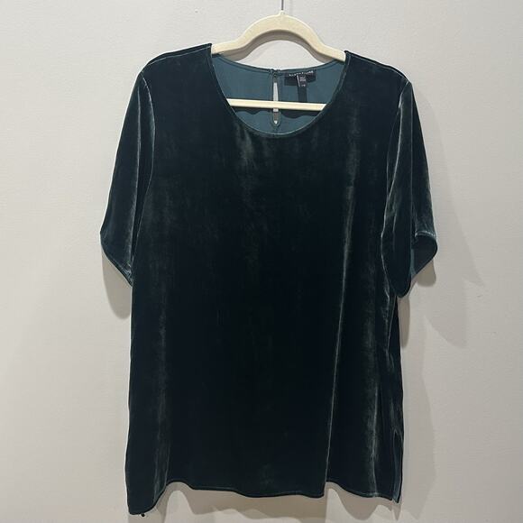Eileen Fisher Velvet Short Sleeve Shirt Blouse Size Large Dark Green Holiday - Picture 1 of 6